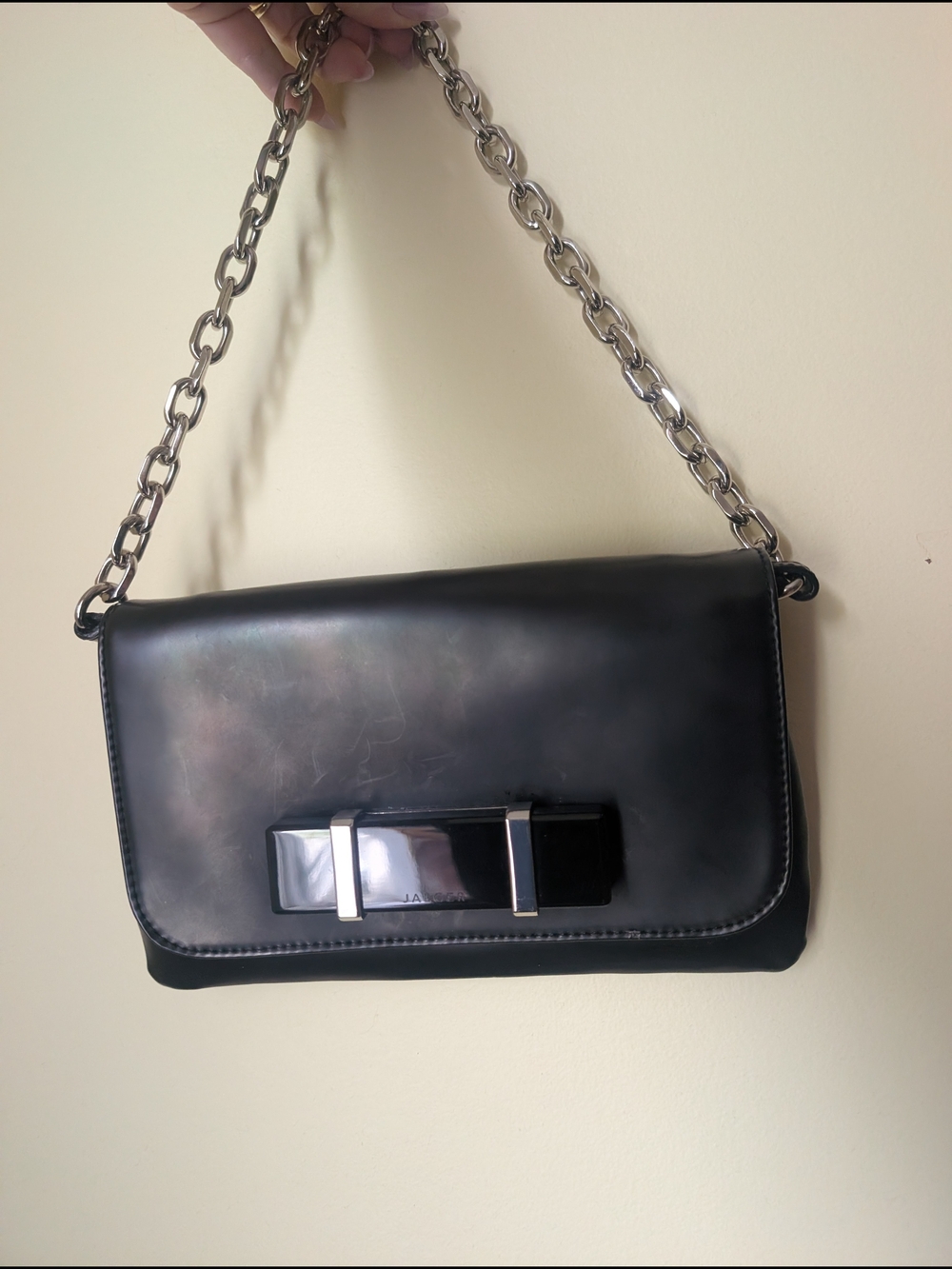 Jaeger Black Leather Shoulder Bag with Silver Chain